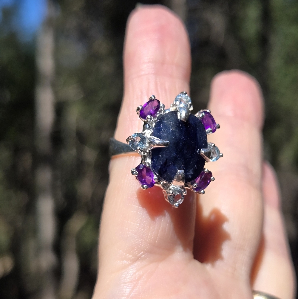 Deep blue sapphire 10k amethyst & Topaz sterling ring sz7 - Picture 4 of 11